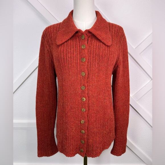 Inis Meain Sweaters - Inis Meain 100% Baby Alpaca Ribbed Collared Cardigan Sweater Rust Red Ireland Lg